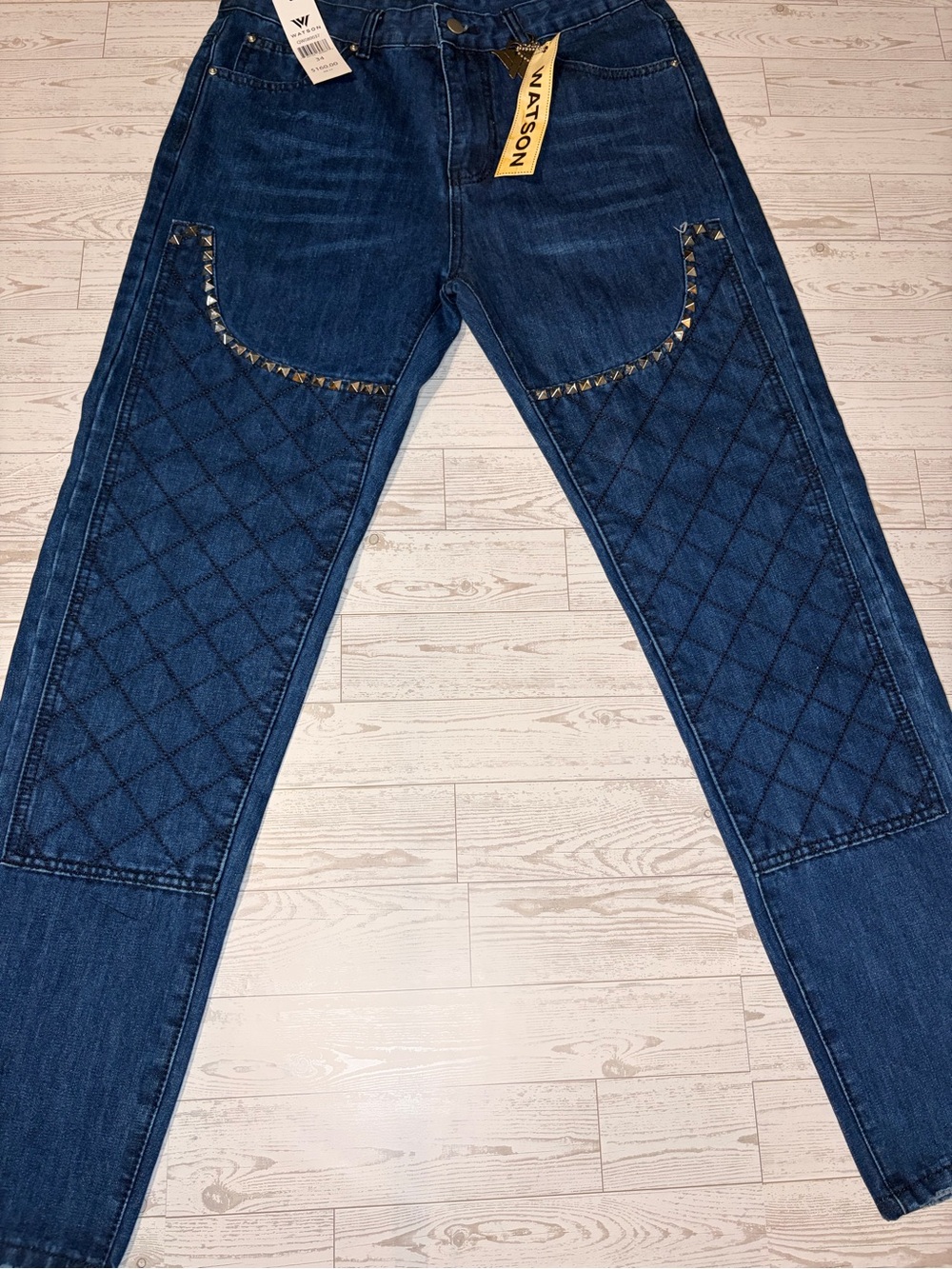 Men's Size 34 WATSON Diamond Panel Jeans - Dark Blue With Studded Trim